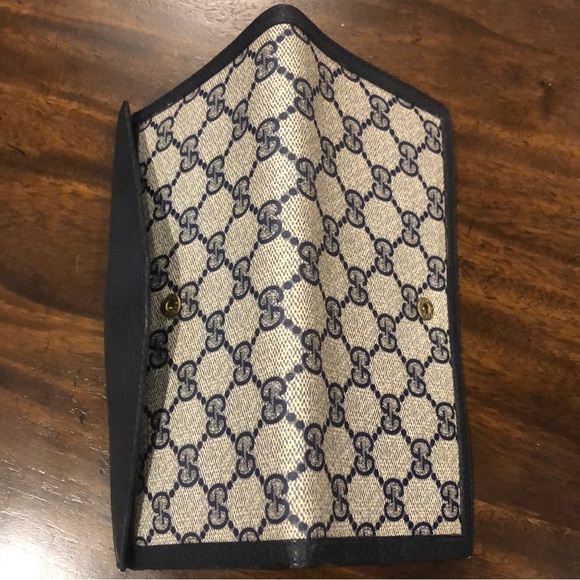 M GUCCI GG Monogram Navy Blue Leather Accent Long Bifold Wallet Vintage - Picture 8 of 17